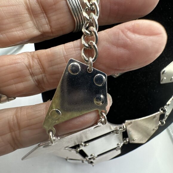 Matching Set Geometric SilverTone Metal Bib Necklace Earrings Chain 16” 3.5”ext - Picture 7 of 10